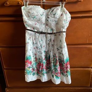 Strapless white floral dress with pink and teal flowers and removable belt